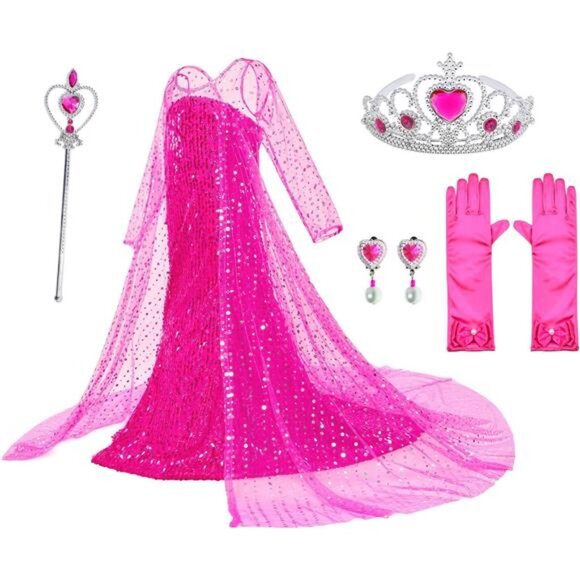 Pink Luxury Princess Dress Costumes With Shining Long‎ Cape Girls Birthday Party - Picture 1 of 6